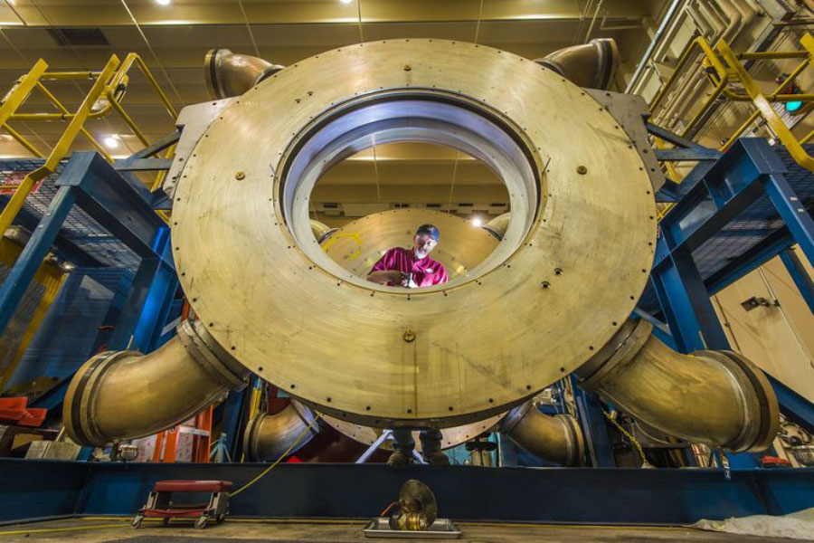 Technician inside the redesigned Z Machine structural assembly at Sandia National Laboratories